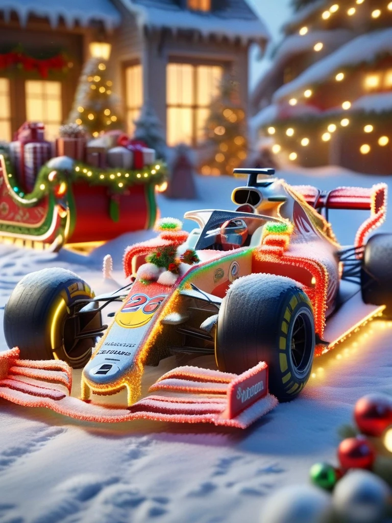 ral-santasleigh, a photorealistic Formula 1 car decorated as Santas sleigh, the car is adorned with a festive colorful look <lora:ral-santasleigh-sdxl:1>