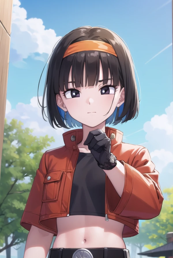dragonballpan, <lora:dragon ball pan-lora-nochekaiser:1>,
pan xeno, short hair, bangs, black hair, gloves, navel, jacket, hairband, open clothes, black gloves, midriff, belt, pants, blunt bangs, (black eyes:1.5), crop top, black shirt, red jacket, cropped jacket, orange hairband, smile,
BREAK ,
BREAK outdoors, forest, nature, trees, grass, clouds, sky, sun,
BREAK looking at viewer, (cowboy shot:1.5),
BREAK <lyco:GoodHands-beta2:1>, (masterpiece:1.2), best quality, high resolution, unity 8k wallpaper, (illustration:0.8), (beautiful detailed eyes:1.6), extremely detailed face, perfect lighting, extremely detailed CG, (perfect hands, perfect anatomy),