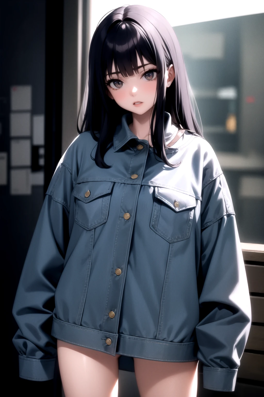 <lora:oversized_shirt_v0.2:1.0>
1girl, cowboy shot, oversized clothes, sleeves past wrists,
denim jacket, long hair,, masterpiece, best quality, highly detailed