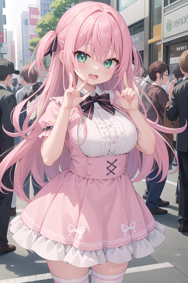 insanely detailed, absurdres, ultra-highres, ultra-detailed, best quality,
1 girl, solo, nice hands, perfect hands,
BREAK,
(wearing harajuku-style coordinate),
laugh, open mouth, wavy mouth,
cute pose, cowboy shot, looking at viewer,
BREAK,
slender, kawaii, perfect symmetrical face, ultra cute girl, ultra cute face, ultra detailed eyes, ultra detailed hair, ultra cute, ultra beautiful,
by Canon EOS, SIGMA Art Lens 35mm F1.4, ISO 200 Shutter Speed 2000,
in harajuku, shibuya, tokyo, street, crowd, cityscape,
large breasts, ,
BREAK,
(pink medium hair, dark green eyes), hair between eyes