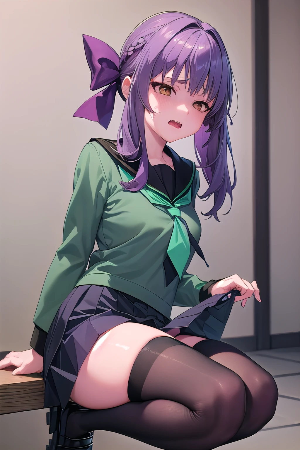 masterpiece, best quality, ultra-high-detailed, disgusted face, Shinoa Hiiragi, purple hair, braided hair, purple ribbon, grey serafuku, green necktie, black kneehighs, black skirt, open mouth