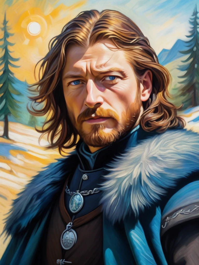 Vivid portrait of Eddard Stark, by Vincent Van Gogh, Summer has passed, Winter has come, vibrant colors, textured and layered paint, swirling brushwork, radiating warmth, 8k, masterpiece, insane detailed, supreme quality, aesthetic composition, hdr, best quality,realistic,masterpiece,photography,RAW photo,highres,(absurdres:1.2),Kodak Protre 400,film grain,lens flare,