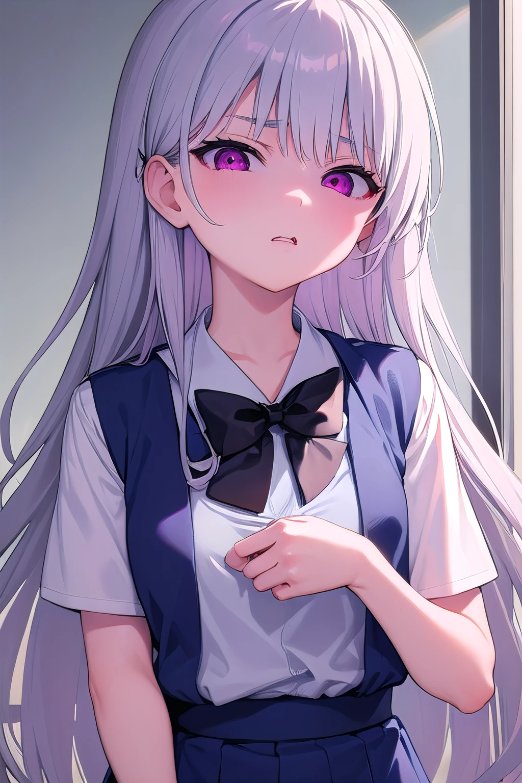 naked, blush, surprised expression, heart eyes, long hair, trembling body, white dress shirt, black microskirt , necktie, silver hair, purple eyes, NSFW