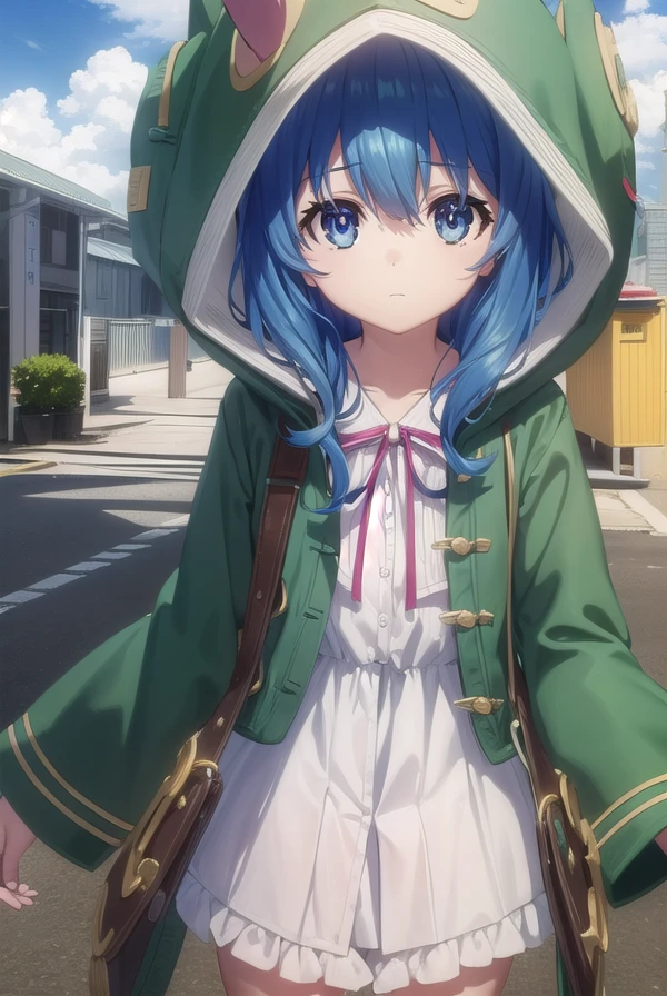 dalyoshino, <lora:dal yoshino s2-lora-nochekaiser:1>,
yoshino astral dress, long hair, blue eyes, ribbon, animal ears, hair between eyes, blue hair, hood, rabbit ears, coat, hood up, animal hood, rabbit hood, green coat,
BREAK ,
BREAK outdoors, city, sky, clouds, buildings, sun,
BREAK looking at viewer, (cowboy shot:1.5),
BREAK <lyco:GoodHands-beta2:1>, (masterpiece:1.2), best quality, high resolution, unity 8k wallpaper, (illustration:0.8), (beautiful detailed eyes:1.6), extremely detailed face, perfect lighting, extremely detailed CG, (perfect hands, perfect anatomy),