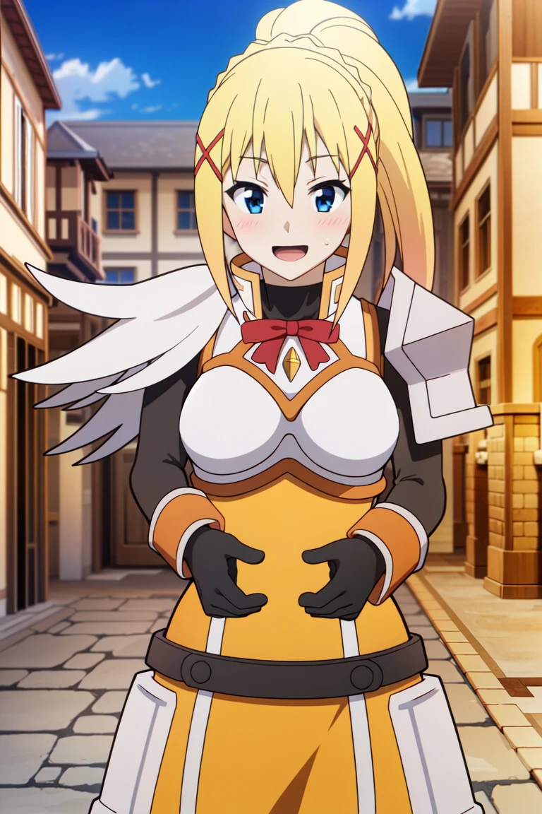 <lora:DarknessV2:0.7>
cowboy shot, castle, outdoors, (excited:1.2), blush, open mouth,
1girl,solo,long hair,breasts,looking at viewer,blonde hair,hair ornament,gloves,ribbon,ponytail,black gloves,armor,x hair ornament,shoulder armor,pauldrons,darkness (konosuba)