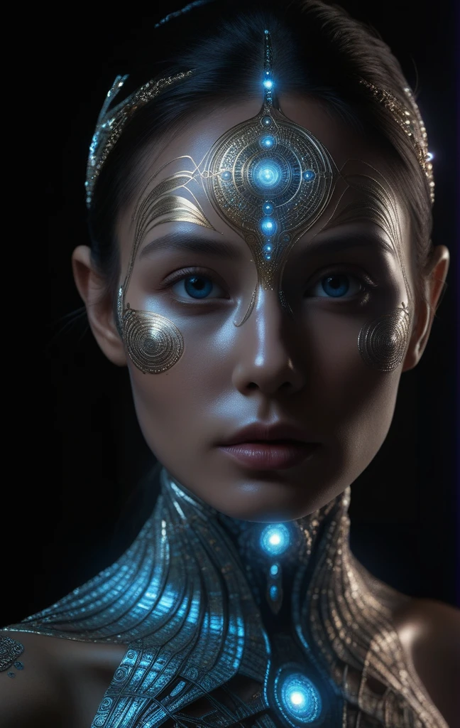 (8k, RAW photo, highest quality), hyperrealistic abstract style portrait of an otherworldly being with metallic skin, glowing orbs for eyes, and intricate fractal patterns emanating from their face, non-representational, colors and shapes, expression of feelings, imaginative, highly detailed