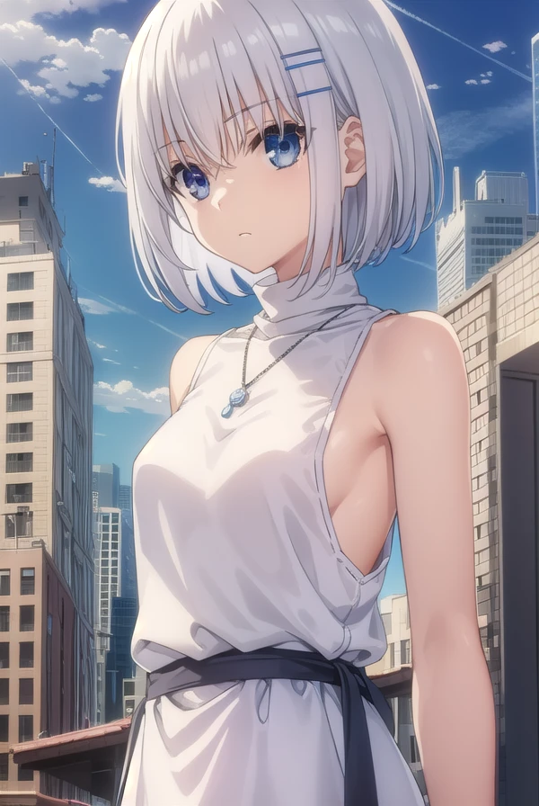 origamitobiichi, <lora:origami tobiichi s2-lora-nochekaiser:1>,
origami tobiichi casual, short hair, blue eyes, hair ornament, bare shoulders, jewelry, white hair, sleeveless, hairclip, necklace, turtleneck, sleeveless turtleneck, strap between breasts, white dress,
BREAK ,
BREAK outdoors, sky, blue sky, clouds, sun, city, buildings, crowd, people,
BREAK looking at viewer, (cowboy shot:1.5),
BREAK <lyco:GoodHands-beta2:1>, (masterpiece:1.2), best quality, high resolution, unity 8k wallpaper, (illustration:0.8), (beautiful detailed eyes:1.6), extremely detailed face, perfect lighting, extremely detailed CG, (perfect hands, perfect anatomy),