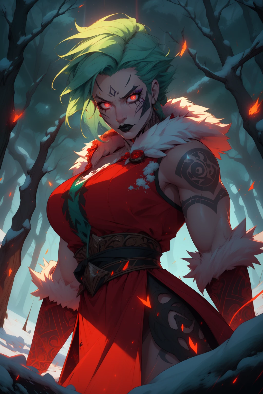 (masterpiece, best quality, absurdres, 4k, aesthetic, detailed, intricate, perfect lighting),dramatic lighting,dynamic pose,cinematic angle,,fantasy,1girl,solo focus,shaman casting spell in snowy forest,bones,fur trim,pale skin,tribal tattoos,green hair,red aura,red sparks, <lora:r1ge - AnimeRage:0.5> r1ge