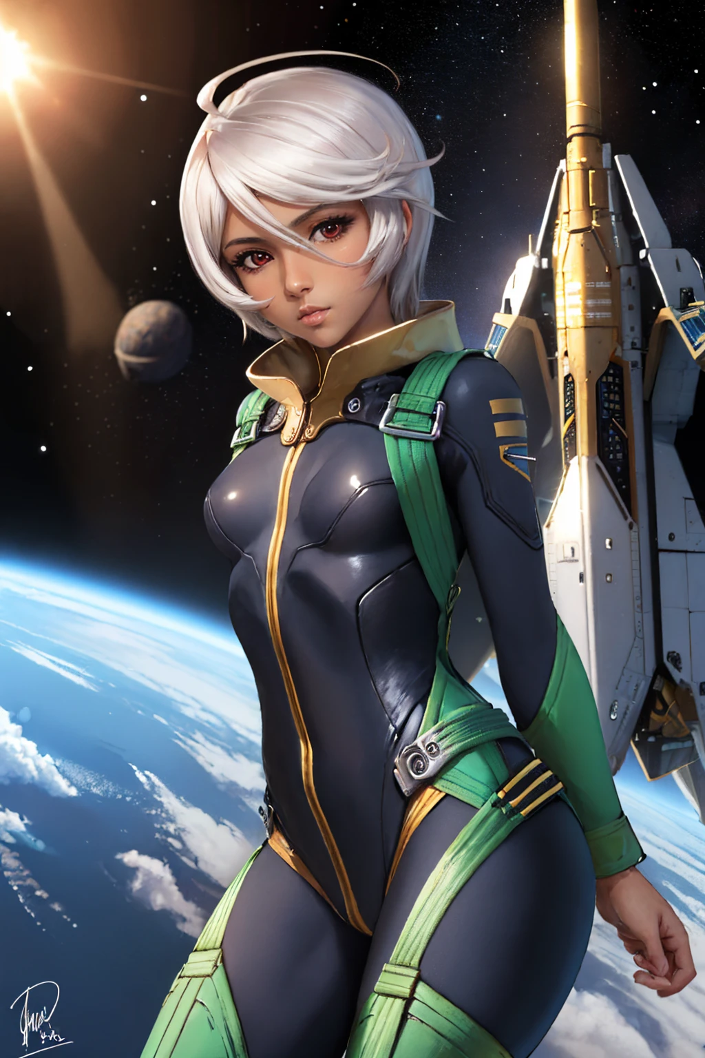 (masterpiece, best quality:1.2), solo, 1girl, yamamoto akira, dark skin, expressionless, looking at viewer, ahoge, bodysuit, outer space <lora:spacebattleship_yamamoto-10:1>
