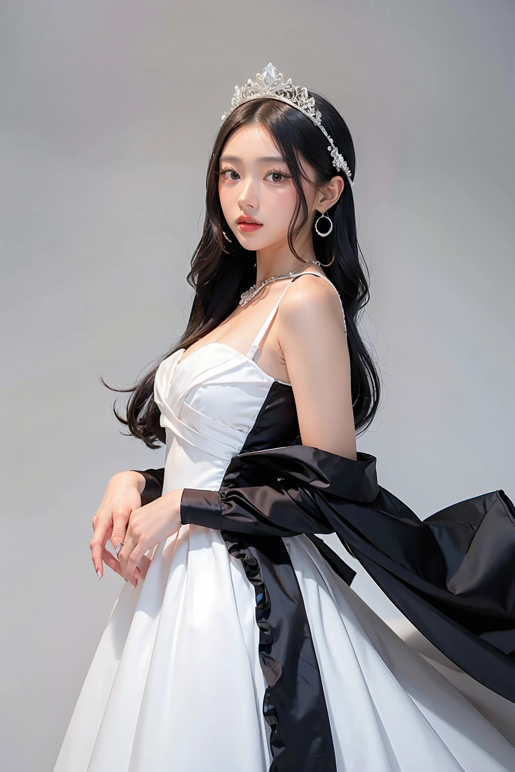 1girl, black formal long dress,white background, <lora:sandydianabang-04:1>
