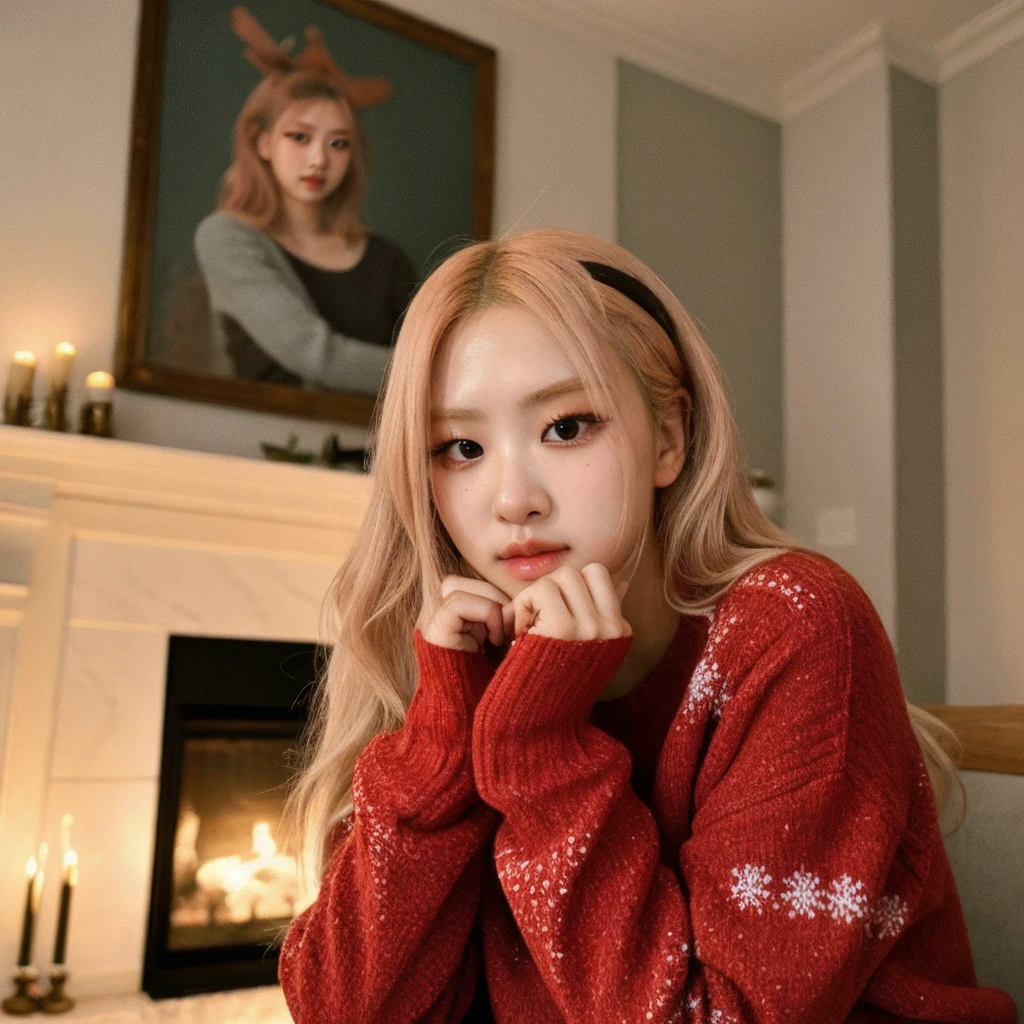<lora:roseblackpink_sd15_512_128_64_v1:1> roseblackpink 1girl, wearing a sweater, christmas decoration cozy fireplace in background,
