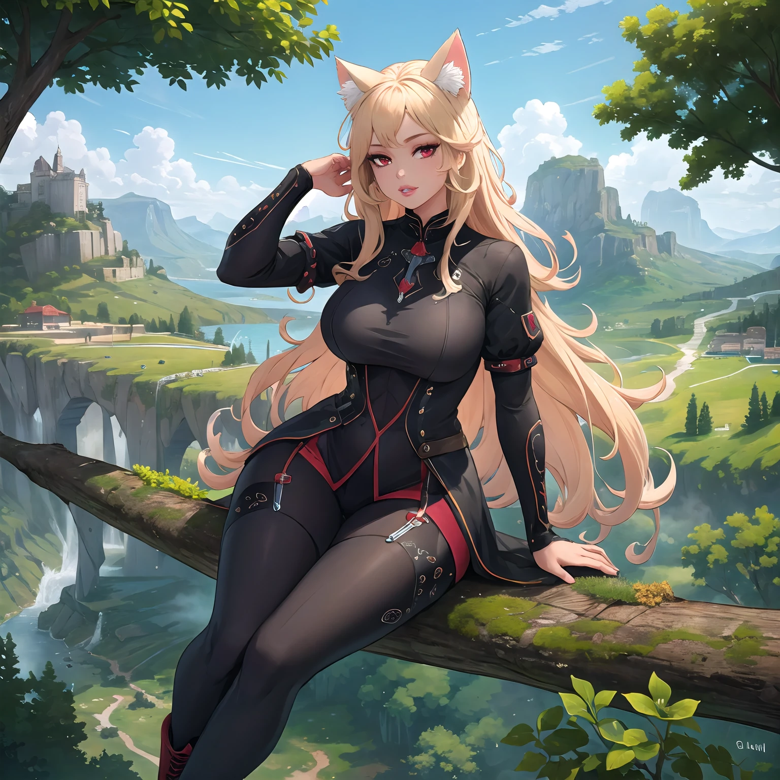 hires,high resolution, intricate, (detailed background),large breasts, masterpiece, best quality, scenery,cat ears, 1girl, mage outfit, full body outfit, high boots, blonde hair, cute lips, red eyes,<lora:Grand Scale:0.8> grandscale,forest, sitting on tree branch,looking at viewer, adjusting hair, from above, medieval, huge town, town behind character, above ground, in air,