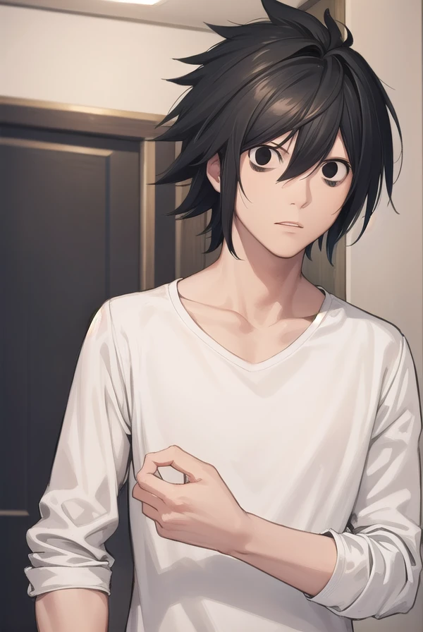 lawliet, <lora:lawliet manga-lora-nochekaiser:1>,
lawliet, male focus, spiked hair, (black eyes:1.5), black hair,
BREAK shirt, white shirt, collarbone, long sleeves, pants, denim,
BREAK indoors,
BREAK looking at viewer, (cowboy shot:1.5),
BREAK <lyco:GoodHands-beta2:1>, (masterpiece:1.2), best quality, high resolution, unity 8k wallpaper, (illustration:0.8), (beautiful detailed eyes:1.6), extremely detailed face, perfect lighting, extremely detailed CG, (perfect hands, perfect anatomy),