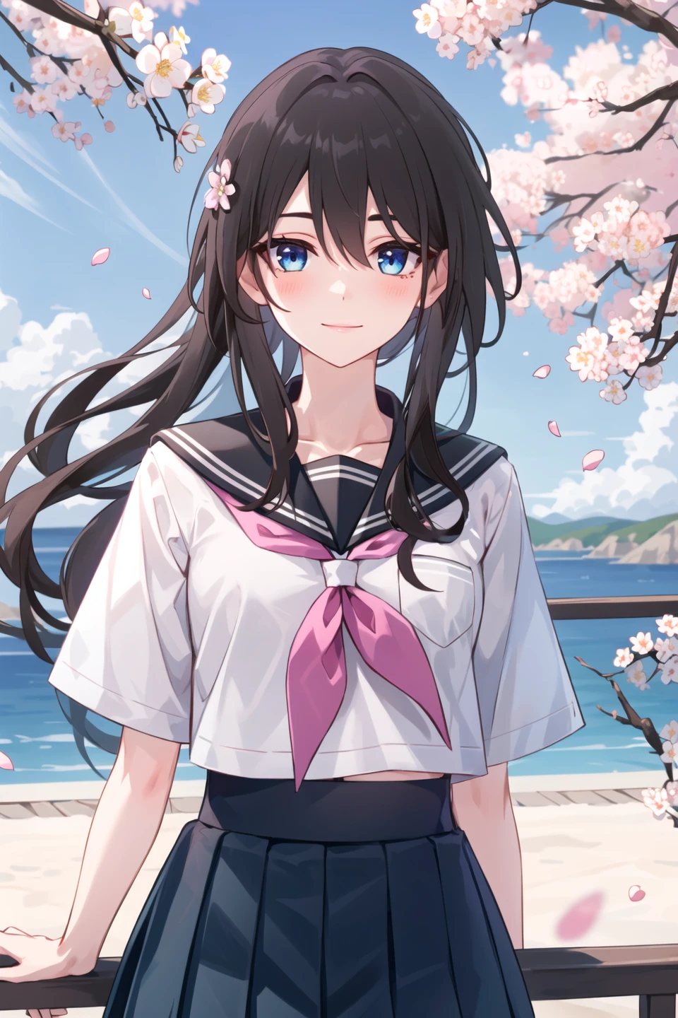 (upper_body:1.5), close-up, cherry_blossoms, outdoors, day, spring_\(season\), 1girl, smile, solo, bangs, blush, closed_mouth, looking_at_viewer, long_hair, hair_stick, branch, eyebrows_visible_through_hair, hair_between_eyes, blue_sailor_collar, serafuku, neckerchief, pleated skirt, pink_flower, petals, tree, white_shirt, wind, railing, sky <lora:chara_RuanMei:1>