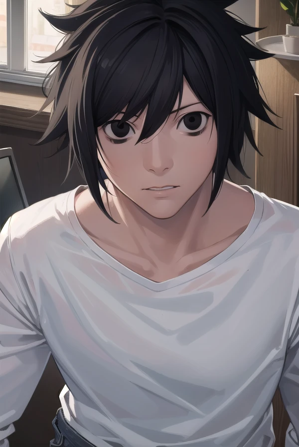 lawliet, <lora:lawliet manga-lora-nochekaiser:1>,
lawliet, male focus, spiked hair, (black eyes:1.5), black hair,
BREAK shirt, white shirt, collarbone, long sleeves, pants, denim,
BREAK indoors,
BREAK looking at viewer, (cowboy shot:1.5),
BREAK <lyco:GoodHands-beta2:1>, (masterpiece:1.2), best quality, high resolution, unity 8k wallpaper, (illustration:0.8), (beautiful detailed eyes:1.6), extremely detailed face, perfect lighting, extremely detailed CG, (perfect hands, perfect anatomy),