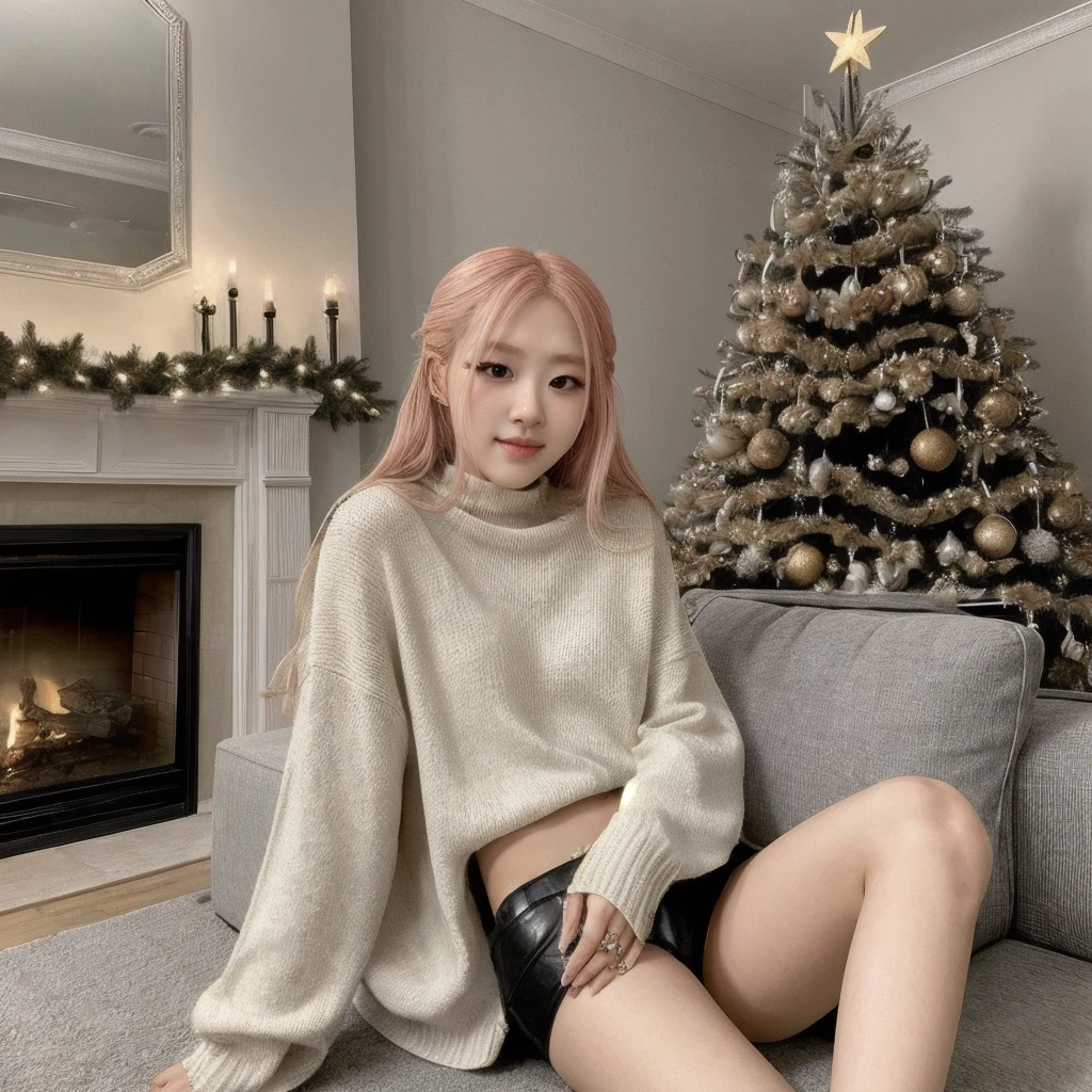 <lora:roseblackpink_sd15_512_128_64_v1:1> roseblackpink 1girl, wearing a sweater, christmas decoration cozy fireplace in background,