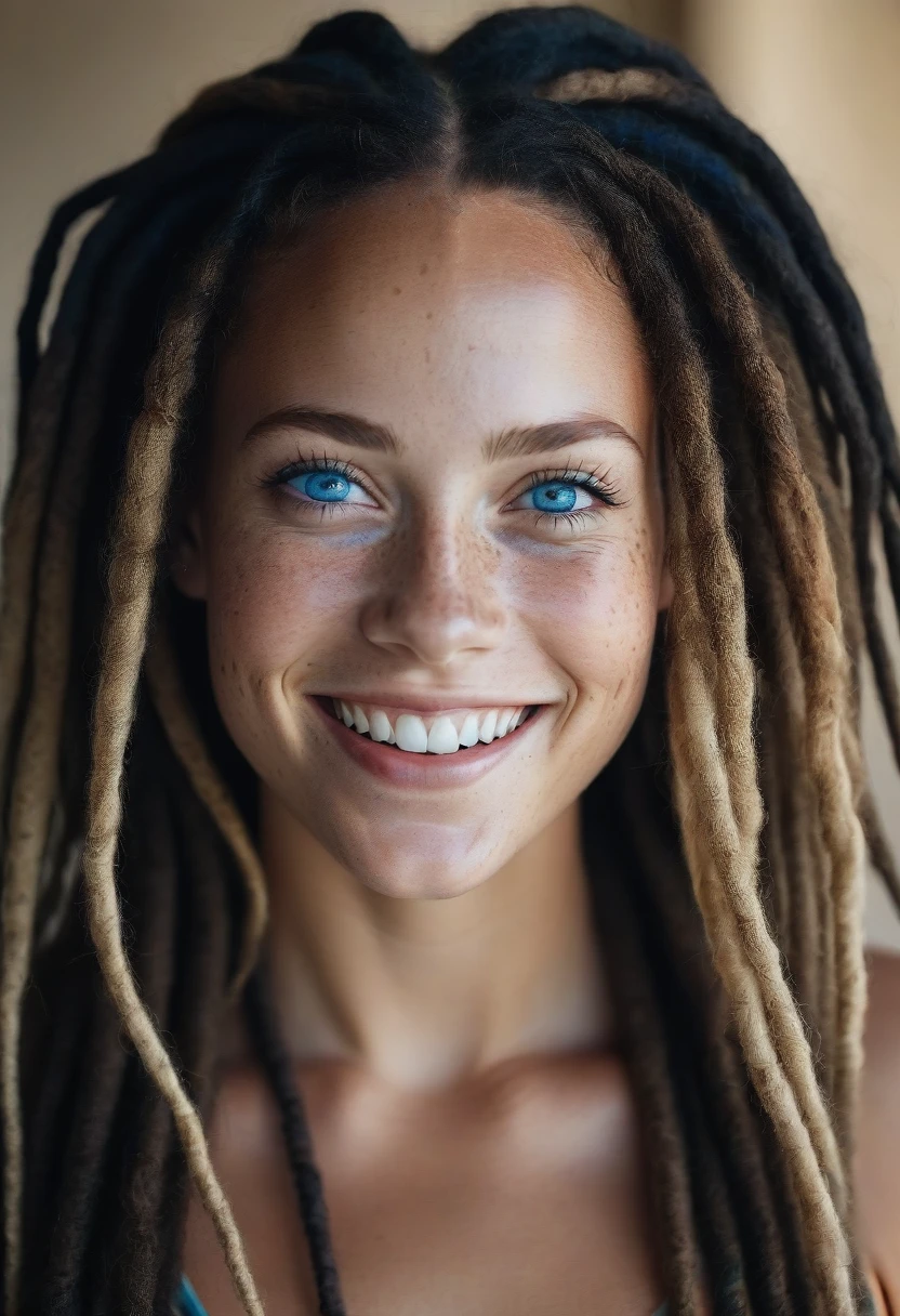 beautiful lady, (freckles), big smile, blue eyes, dreadlocks hair, dark makeup, hyperdetailed photography, soft light, head and shoulders portrait, cover
