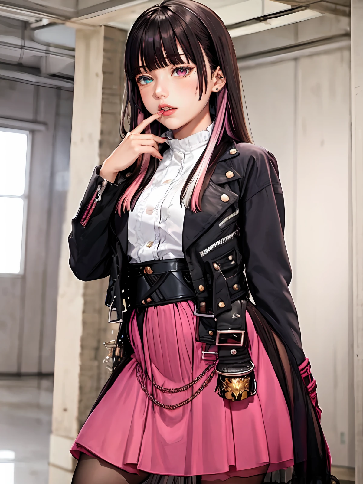 (extremely detailed CG), (best quality), 1girl, perfect face, shiny skin, lustrous skin, wide hips,narrow waist, <lora:BerobaGeats-10:0.8>berobageats, long hair, black hair, bangs, skirt, jacket, pantyhose, multicolored hair, shirt, blunt bangs, pink skirt, jewelry, white shirt, heterochromia, mole, belt, boots, nail polish, long sleeves,indoors,