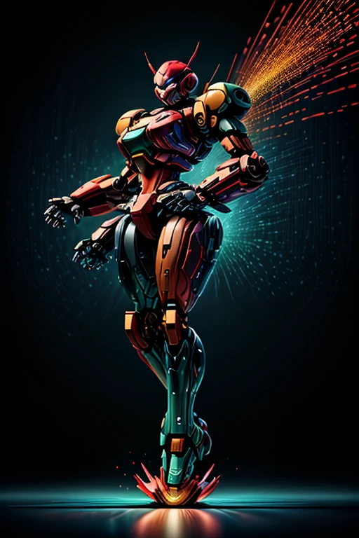 (binarybug battle mech style), dark green background, red sparkles, blue particles, high detailed, dynamic, kinetic, cinematic, UHD, 16K <lora:BinaryBug:1.35> <lora:more_details:0.40> <lora:difConsistency_detail:0.20> <lora:speedy1p5:1.15>