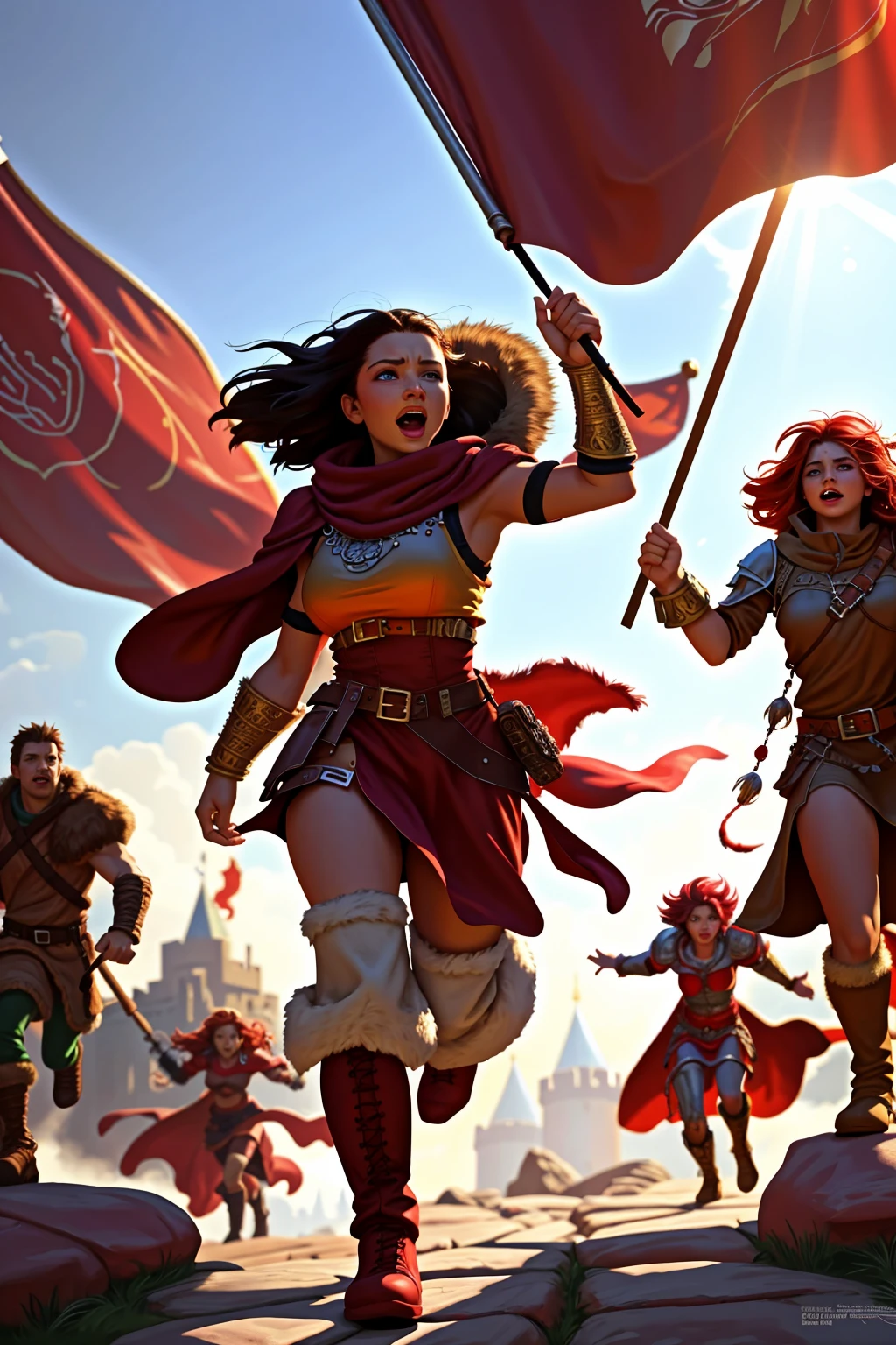(Style-GHL:1) zrpgstyle, dungeons and dragons scene, medieval barbarian woman with cape running into battle, leather and fur boots warriors and red banners, great stone castle (masterpiece) (best quality) (detailed) (intricate)