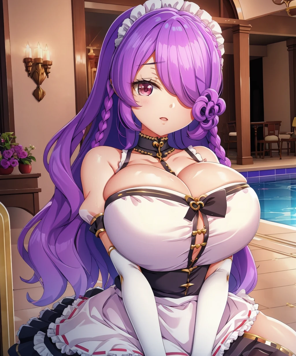 masterpiece,best quality,highres,1girl,Lunalilia_Loveknot,maid dress, maid headdress, waist apron, elbow gloves, upper body,sitting,pool,indoors,<lora:Lunalilia_Loveknot:0.8>,