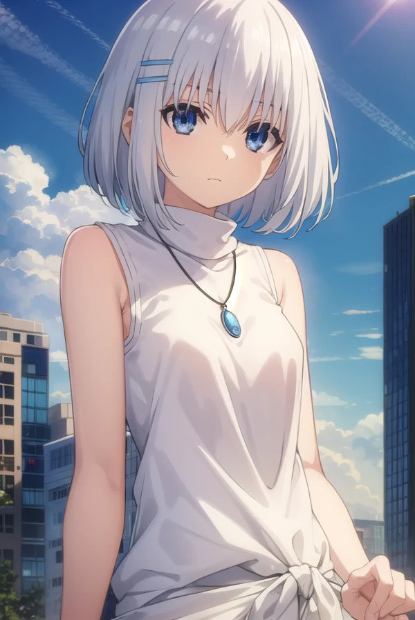 origamitobiichi, <lora:origami tobiichi s2-lora-nochekaiser:1>,
origami tobiichi casual, short hair, blue eyes, hair ornament, bare shoulders, jewelry, white hair, sleeveless, hairclip, necklace, turtleneck, sleeveless turtleneck, strap between breasts, white dress,
BREAK ,
BREAK outdoors, sky, blue sky, clouds, sun, city, buildings, crowd, people,
BREAK looking at viewer, (cowboy shot:1.5),
BREAK <lyco:GoodHands-beta2:1>, (masterpiece:1.2), best quality, high resolution, unity 8k wallpaper, (illustration:0.8), (beautiful detailed eyes:1.6), extremely detailed face, perfect lighting, extremely detailed CG, (perfect hands, perfect anatomy),