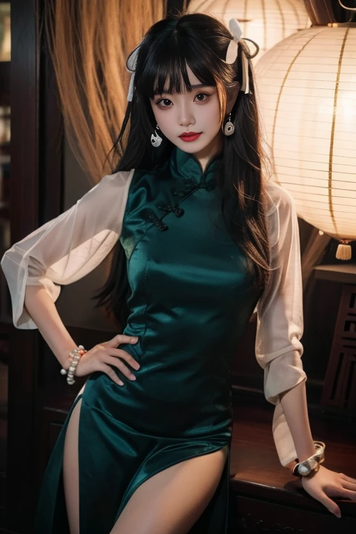 ltra-detailed,highly detailed,best quality,masterpiece,illustration,realistic,
yaozhi, 1girl, solo,mole,
chinese clothes,china dress,see-through sleeves,
earrings, bracelet,hair ribbon, 
bangs,very long hair, 
looking at viewer,
<lora:yaozhi_v2_09:0.7>