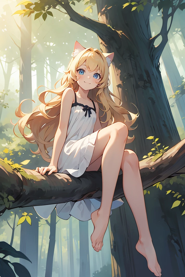 full body of cat girl sitting on branch in forest,best quality,highres,from below,cute,barefoot,white sundress,long hair,wavy hair,blonde hair,bangs,blue eyes,looking at viewer,light smile,closed mouth,scenery,<lora:GoodHands-beta2:1>,