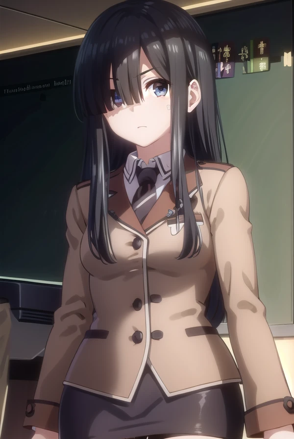 hinakoshiizaki, <lora:hinako shiizaki s2-lora-nochekaiser:1>,
hinako shiizaki, long hair, black hair, (brown eyes:1.3), (hair over one eye:1.5),
BREAK skirt, jacket, pantyhose, necktie, uniform, black pantyhose, military, pencil skirt,
BREAK indoors, classroom,
BREAK looking at viewer, (cowboy shot:1.5),
BREAK <lyco:GoodHands-beta2:1>, (masterpiece:1.2), best quality, high resolution, unity 8k wallpaper, (illustration:0.8), (beautiful detailed eyes:1.6), extremely detailed face, perfect lighting, extremely detailed CG, (perfect hands, perfect anatomy),