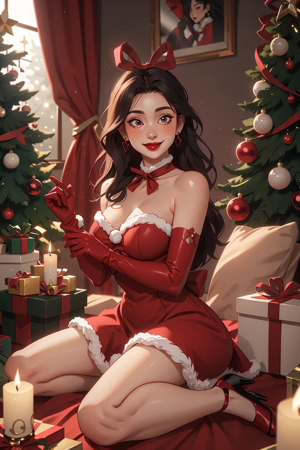 <lora:Christmas girl-1 (3):0.7>,Christmas professional photography,1girl,red gloves,solo,gloves,candle,dress,christmas tree,black hair,red dress,elbow gloves,long hair,high heels,christmas,ribbon,lipstick,red lips,sitting,jewelry,makeup,earrings,hair ribbon,breasts,wariza,gift,christmas ornaments,realistic,lips,bare shoulders,smile,strapless dress,indoors,box,