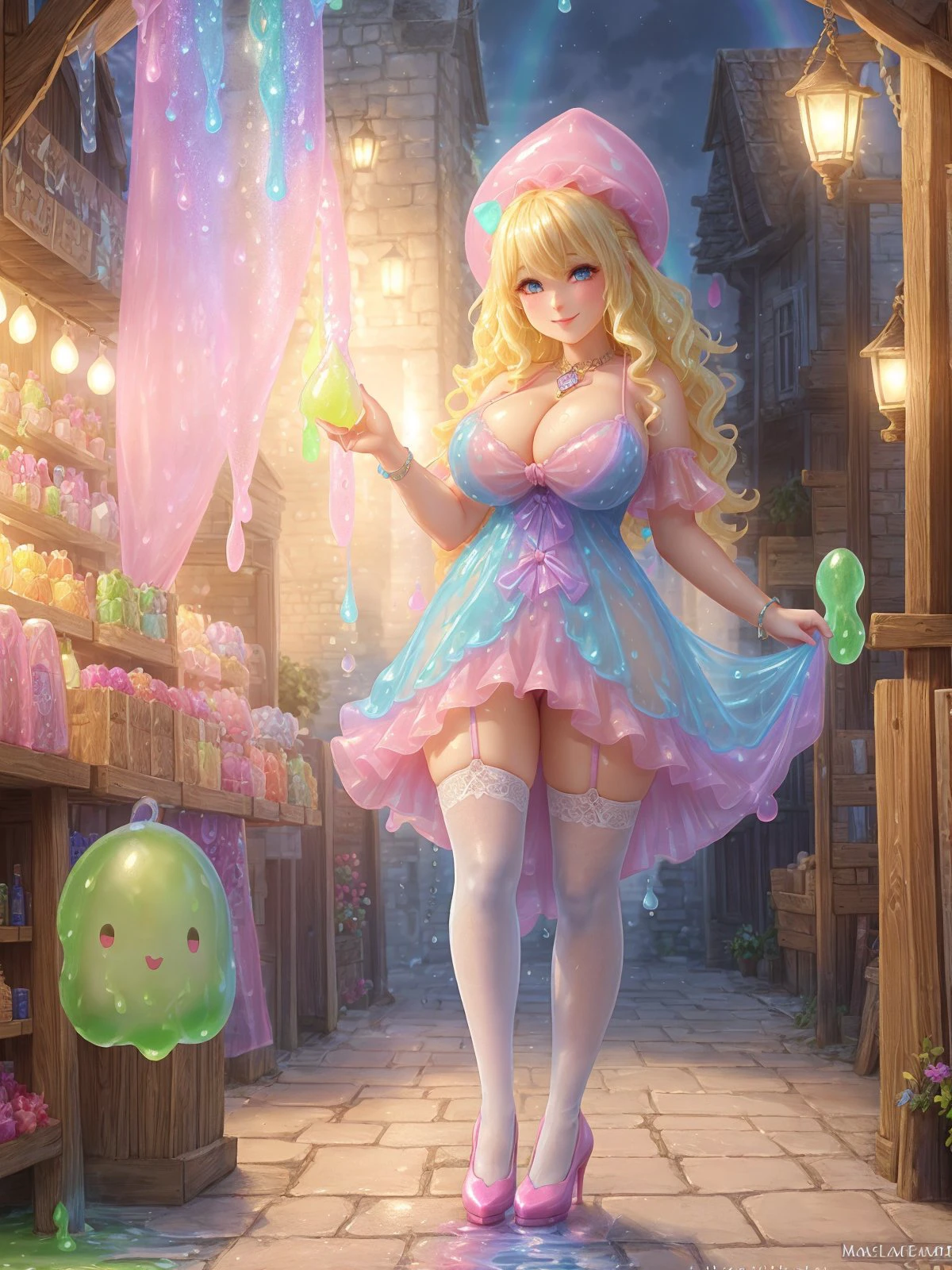 cute busty (blond:rainbow:1.2) (weavy:curly) hair magician young woman, pink (see through luminous liquid (water drops:slime) mini medieval dress and stockings and pumps shoes), luminous liquid waterdrops magic stuff, ((shopping at the town market, fantasy rpg game medieval town))