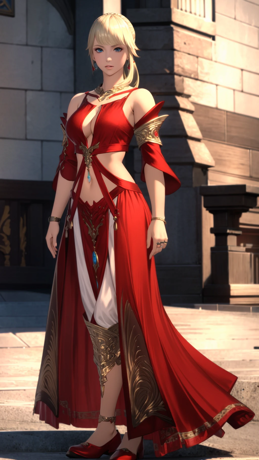 <lora:Lyse_FF14:0.7>, Lyse, hyur, bangs, blonde hair, ponytail, hair ornament, blue eyes, lips, earrings, large breasts, bandeau, cleavage, cleavage cutout, midriff, navel, ring, necklace, dress, red dress, bare shoulders, detached sleeves, red sleeves, long sleeves, skirt, red skirt, long skirt, shoes, jewelry, full body, masterpiece, best quality, high-resolution, absurdres, highres, ultra detailed, highly detailed, detailed beautiful face and eyes, 4k, 8k