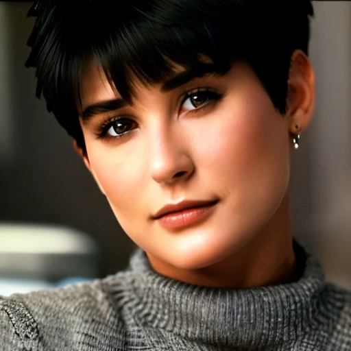 <lora:DemiMooreYoungv2Lora:1> woman with short hair wearing a grey pullover and jeans,beautiful girl, high detail skin, high detail eyes, high detail hair,