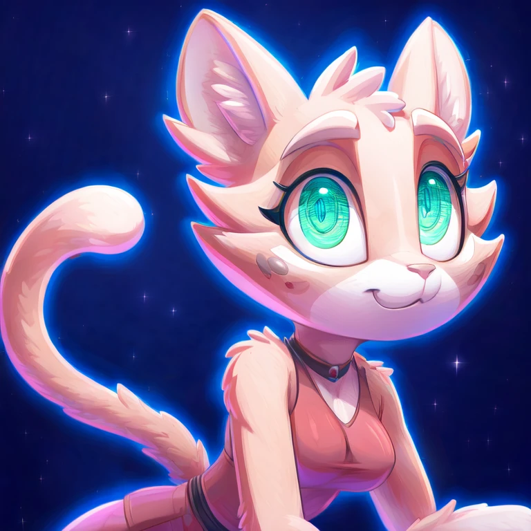 a fluffy alien creature that is arctic cat, marbled light and dark fir, light eyes, silver fur, red eyes, cute, digital photography, in a cave HUD_Neon_90s_Anime