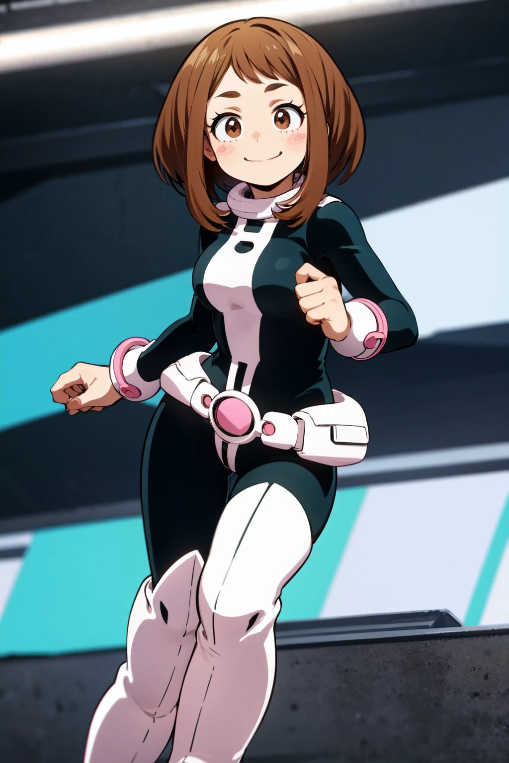 solo, ochako, black bodysuit, superhero, knee boots, full body, smile, blush stickers, belt