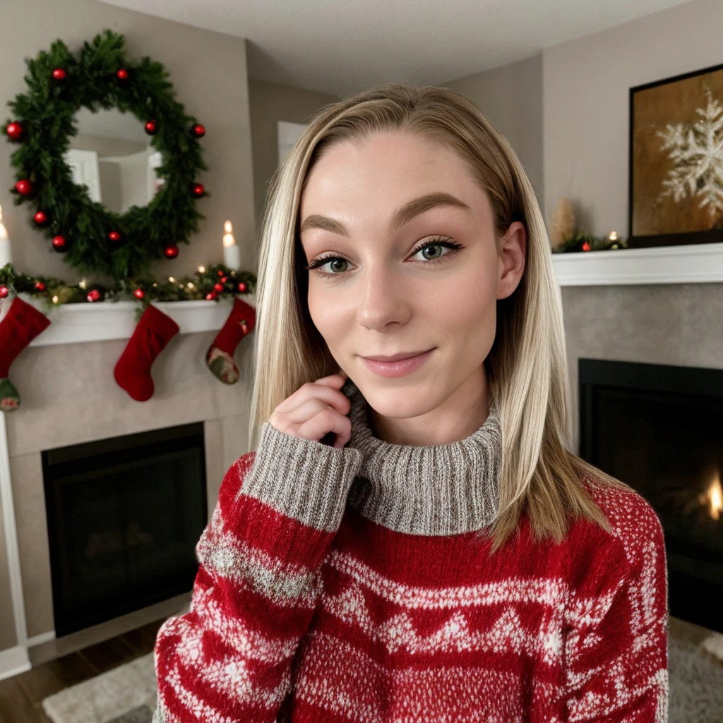 <lora:stpeach_sd15_512_128_64_v1:1>stpeach 1girl, wearing a sweater, christmas decoration cozy fireplace in background,
