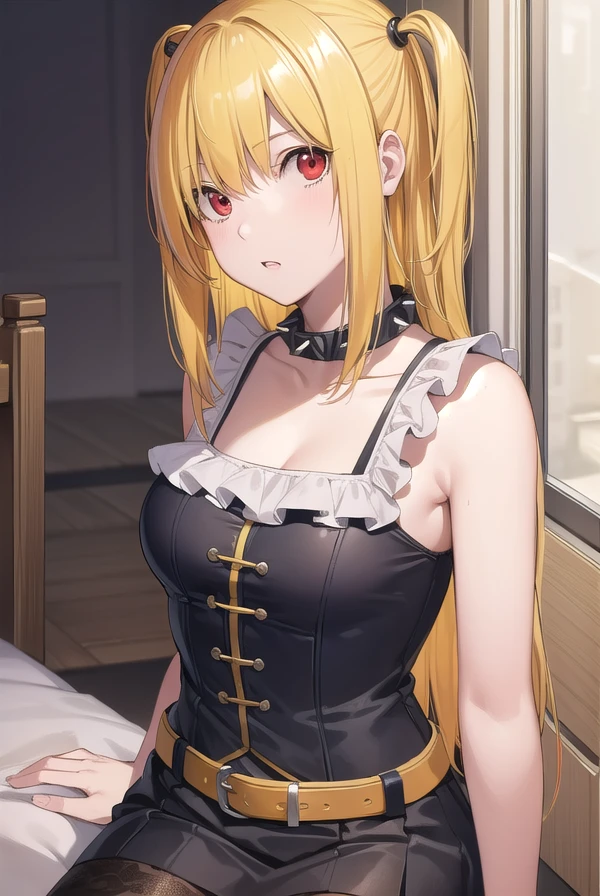 misaamane, <lora:misa amane manga-lora-nochekaiser:1>,
misa amane, twintails, (red eyes:1.3), (yellow hair:1.5), sidelocks, long hair,
BREAK skirt, pantyhose, sleeveless, belt, cross, frilled skirt, gothic, collar, spiked collar,
BREAK indoors, bed,
BREAK looking at viewer, (cowboy shot:1.5),
BREAK <lyco:GoodHands-beta2:1>, (masterpiece:1.2), best quality, high resolution, unity 8k wallpaper, (illustration:0.8), (beautiful detailed eyes:1.6), extremely detailed face, perfect lighting, extremely detailed CG, (perfect hands, perfect anatomy),