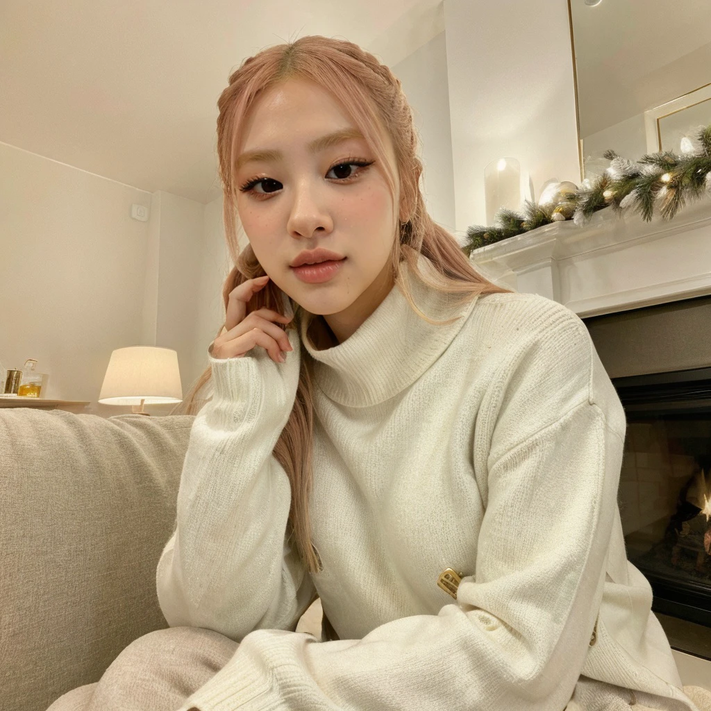 <lora:roseblackpink_sd15_512_128_64_v1:1> roseblackpink 1girl, wearing a sweater, christmas decoration cozy fireplace in background,