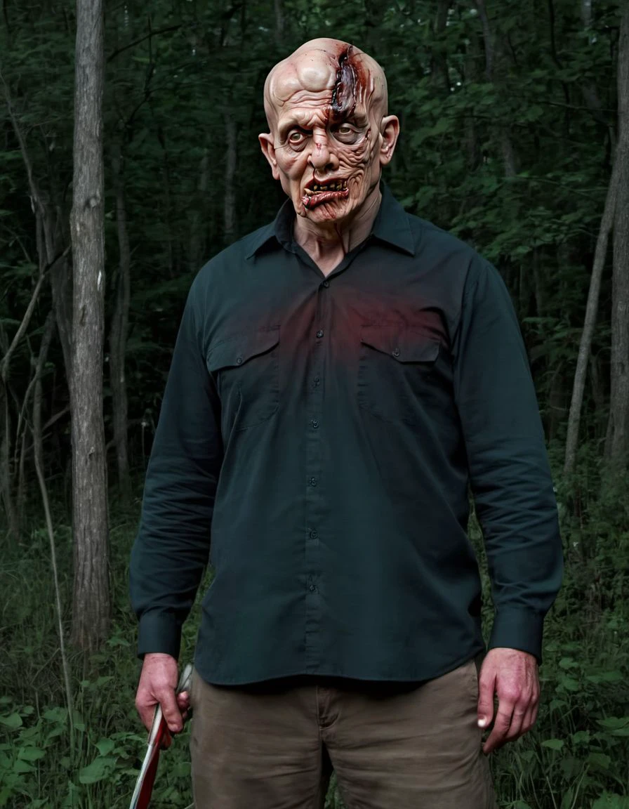 (jasonunmasked:1.4), standing in a forest at night, ((in front of a lake)), holding a bloody machete, uhd, hdr, 8k, absurdres, film grain, 85mm f/1.8 USM, hyperdetailed photography, <lora:jasonvoorhees:1>, <lora:offset_0.2:0.4>