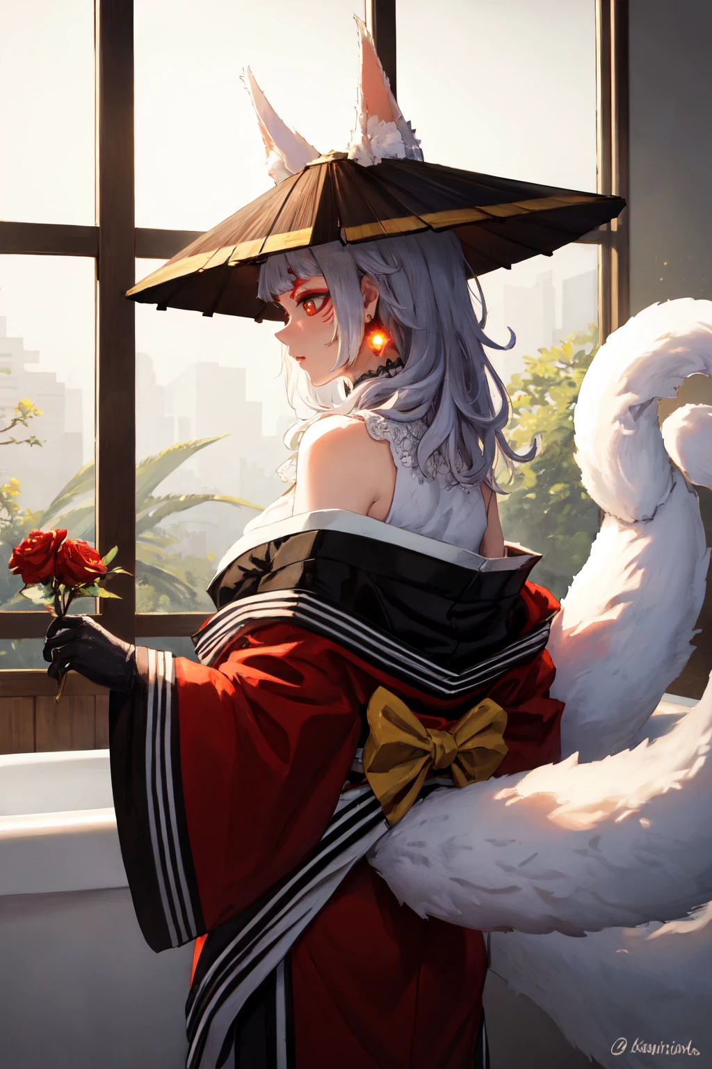 masterpiece, (detailed, highres, best quality), <lora:spninaKosaka:1> kosaka1st, medium hair, facial mark, red eyeshadow, forehead mark, makeup, fox ears, animal ear fluff, fox tail, multiple tails, single earring, black gloves, halterneck, black kimono, off shoulder, red kimono, obi, checkered sash, neck ribbon, neck bell, black headwear, bathtub, cowboy shot, dappled sunlight, flower, rose, sunlight, twitter username, looking away, profile, solo, Back View