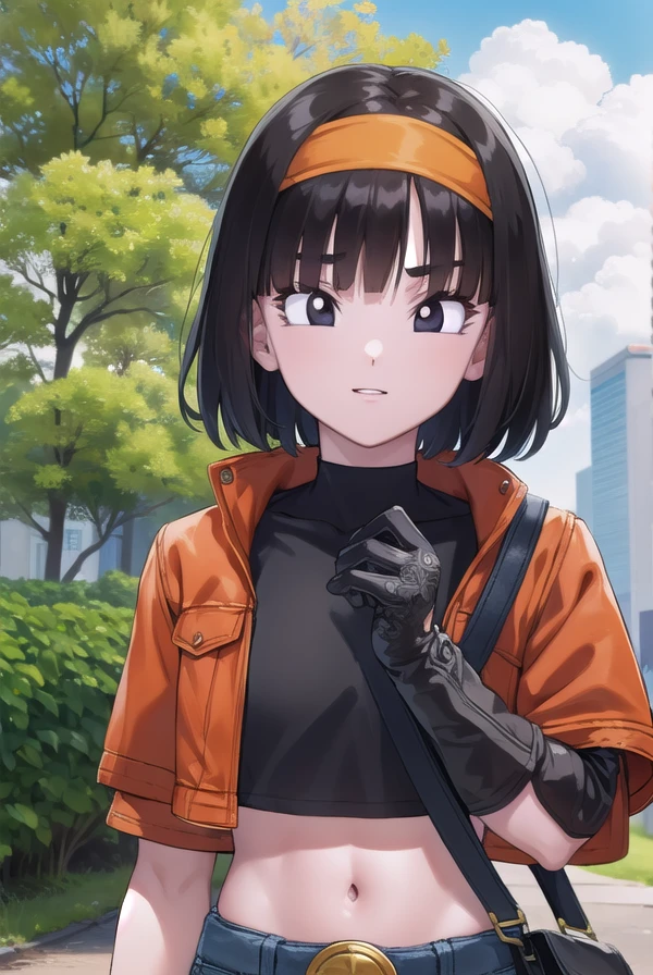 dragonballpan, <lora:dragon ball pan-lora-nochekaiser:1>,
pan xeno, short hair, bangs, black hair, gloves, navel, jacket, hairband, open clothes, black gloves, midriff, belt, pants, blunt bangs, (black eyes:1.5), crop top, black shirt, red jacket, cropped jacket, orange hairband, smile,
BREAK ,
BREAK outdoors, forest, nature, trees, grass, clouds, sky, sun,
BREAK looking at viewer, (cowboy shot:1.5),
BREAK <lyco:GoodHands-beta2:1>, (masterpiece:1.2), best quality, high resolution, unity 8k wallpaper, (illustration:0.8), (beautiful detailed eyes:1.6), extremely detailed face, perfect lighting, extremely detailed CG, (perfect hands, perfect anatomy),
