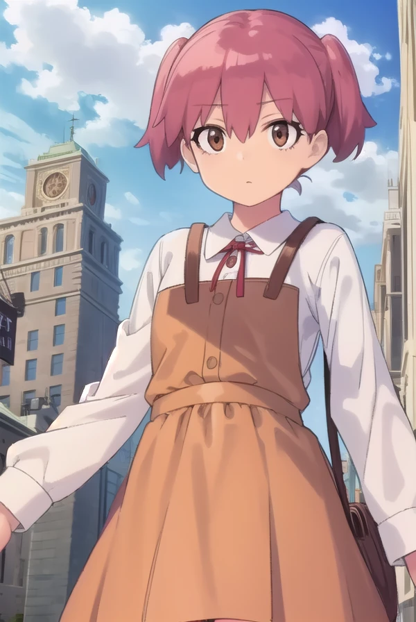 natsumihinata, <lora:natsumi hinata movie-lora-nochekaiser:1>,
natsumi hinata, short hair, twintails, pink hair, (brown eyes:1.5),
BREAK shirt, long sleeves, white shirt, collared shirt, ribbon, red ribbon, skirt, grey skirt,
BREAK outdoors, city, sky, clouds, sun, buildings, crowd, people,
BREAK looking at viewer, (cowboy shot:1.5),
BREAK <lyco:GoodHands-beta2:1>, (masterpiece:1.2), best quality, high resolution, unity 8k wallpaper, (illustration:0.8), (beautiful detailed eyes:1.6), extremely detailed face, perfect lighting, extremely detailed CG, (perfect hands, perfect anatomy),