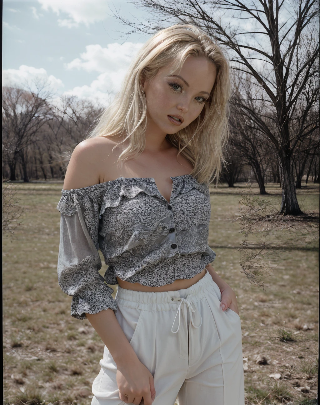 analog film photo ,very detailed face,photorealistic,absurdres,blonde hair, blue eyes,<lora:quiron_silviaSaint_v9_Lora:0.67> SilviaSaintQuiron woman wearing Button-up shirt and Bell-bottom pants: Pants that flare dramatically from the knee down, often associated with 70s fashion., realistic , Looking over the shoulder pose, dynamic composition, rich textures, . faded film, desaturated, 35mm photo, grainy, vignette, vintage, Kodachrome, Lomography, stained, highly detailed, found footage