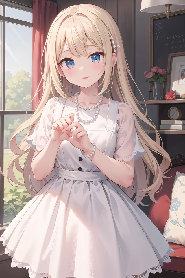 insanely detailed, absurdres, ultra-highres, ultra-detailed, best quality,
1girl, solo, nice hands, perfect hands,
BREAK
(dress, eyelashes, jewelry, lace trimmed dress, lace trim, lips, necklace, pearl necklace, red lips, white dress:1.3)
BREAK
happy smile, laugh, closed mouth, standing,
,
cute pose, cowboy shot, looking at viewer
BREAK
slender, kawaii, perfect symmetrical face, ultra cute girl, ultra cute face, ultra detailed eyes, ultra detailed hair, ultra cute, ultra beautiful,
BREAK
in hotel room
BREAK
large breasts, blonde long hair, bangs, (cleavage:-1.5)
