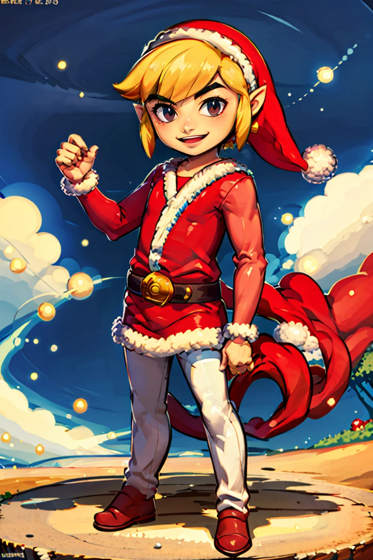 <lora:Genzoman_Style_Dim64:0.6>,((masterpiece,best quality)), <lora:Toon_Link_Zelda_v2:0.8>, Santa_Link, black eyes, solo, 1boy, santa outfit, belt, solo, smiling, standing, looking at viewer,