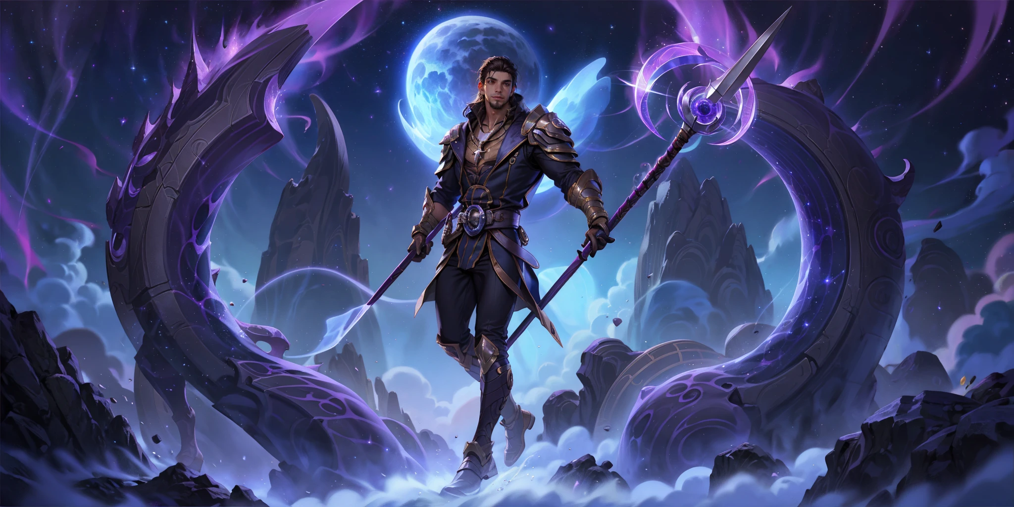 HEZI,LOL,\\\(lol style\\\),game cg,1boy,male focus,solo,staff,pants,facial hair,black hair,gloves,star \(sky\),long hair,sky,belt,floating,outdoors,holding,night,starry sky,glowing,armor,beard,night sky,bangs,holding staff,space,muscular male,necklace,black pants,muscular,magic,gauntlets,brown hair,pectorals,standing,weapon,light,collarbone,tentacles,jewelry,full body,smile,jacket,mature male,looking at viewer,<lora:LOLå·¨ç¥å³°_天ç(8bit)2-000018:0.6>,