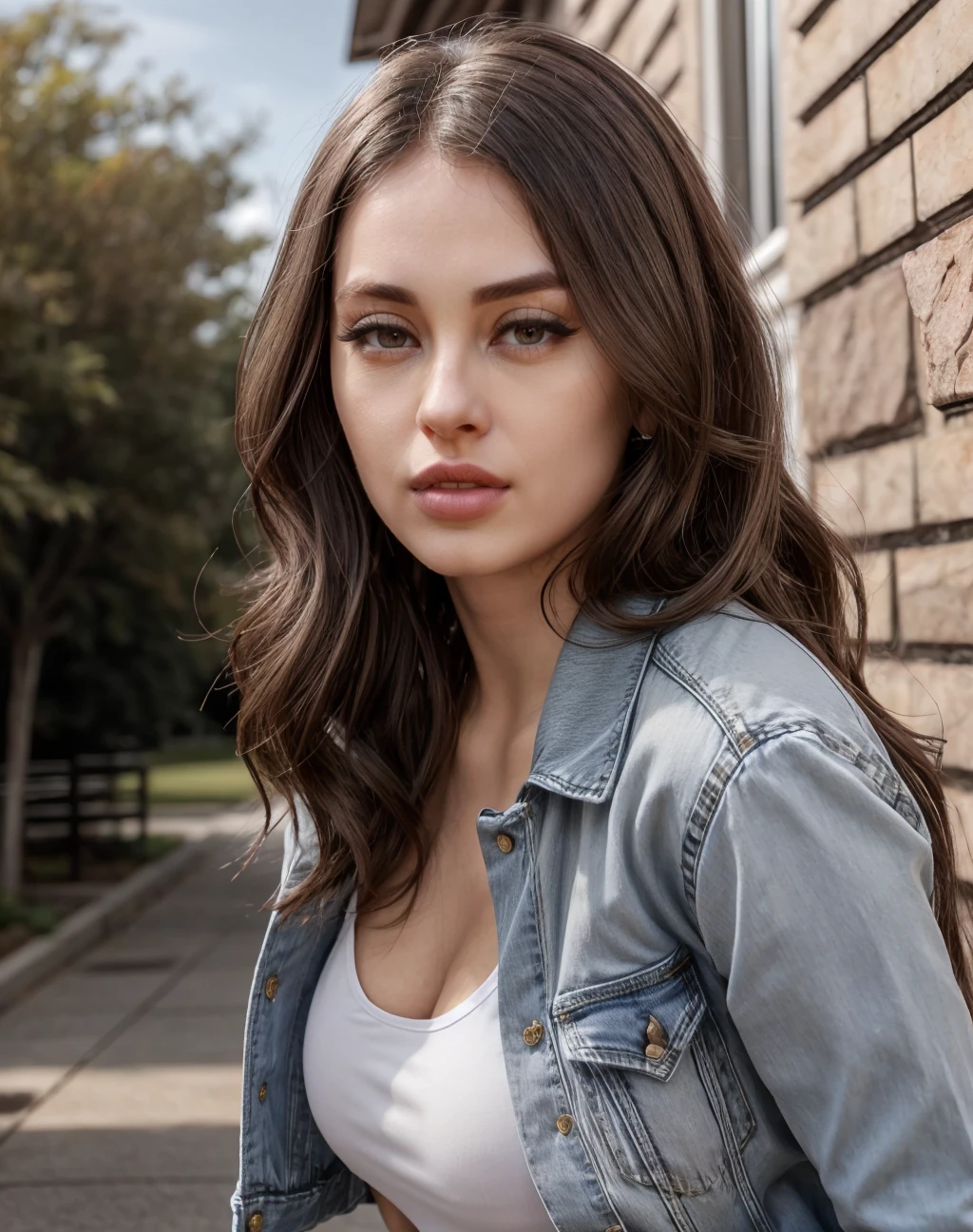 (realistic, photorealistic), cinematic photo wearing Denim jacket and Linen pants: Lightweight, breathable pants made from linen fabric, ideal for warm weather., realistic , <lora:quiron_MaddyMay_v3_Lora:0.67> MaddyMayQuiron woman, . 35mm photograph, film, bokeh, professional, 4k, highly detailed, (high quality skin), (high detailed face skin), (realistic iris), (realistic pupils), (skin pores), (skin imperfections:0.27),