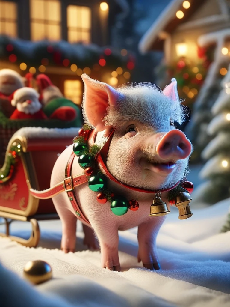 ral-santasleigh, a photorealistic pig decorated is pulling Santas sleigh, the pig is adorned with a festive colorful harness <lora:ral-santasleigh-sdxl:1>
