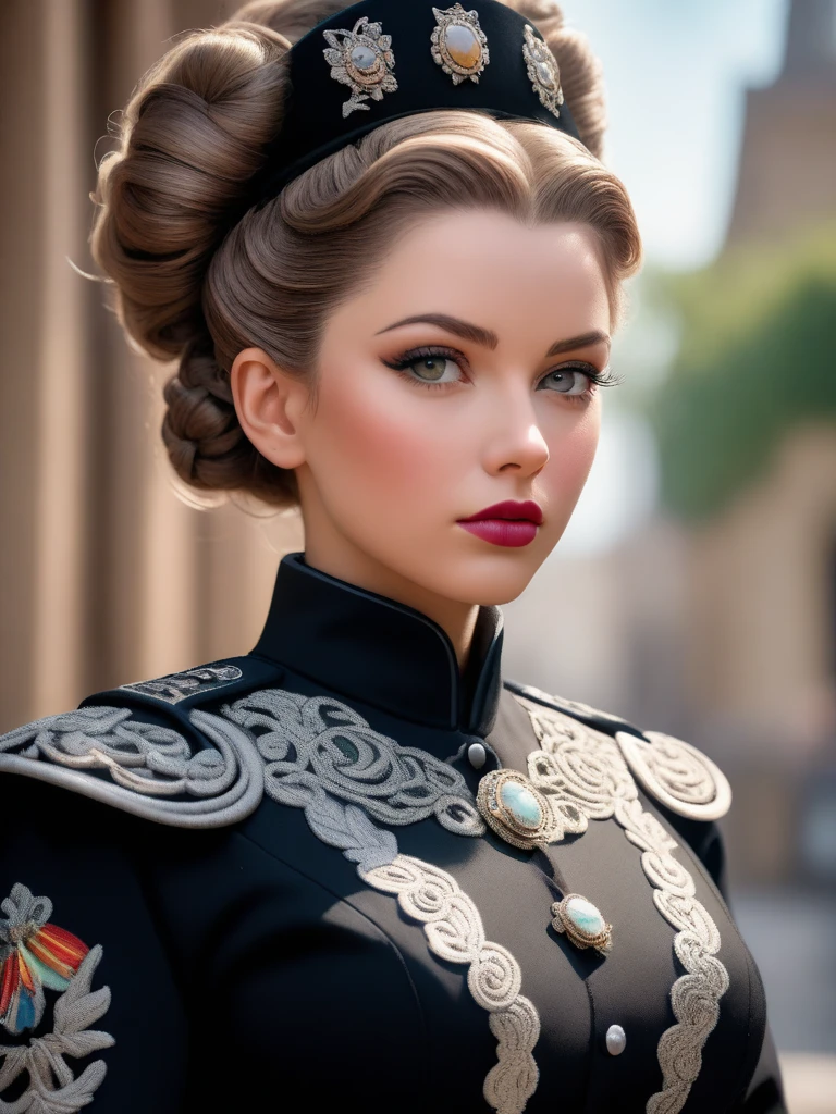 cinematic photo official art,unity 8k wallpaper,ultra detailed,aesthetic,best quality,photorealistic,entangle,cowboy shot,dynamic angle,elegant,vivid colours,romanticism,atmospheric . 35mm photograph,film,bokeh,highly detailed,skin detail realistic,ultra realistic as a ((ethereal architect)) with ((victory rolls hair)) In an action pose,dressed in a detailed black soldier outfit. fashion photography,(noir:0.4),(intricate details:1.12),hdr,(intricate details, hyperdetailed:1.15),hyperrealistic Ceramics art by Paula Modersohn-Becker,