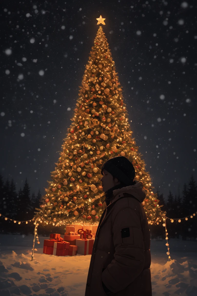 (portrait), masterpiece, best quality, ultra-detailed, illustration,
man christmas lights,
snowing, visible breath, night sky,
looking right
<lora:Festive_Bokeh_Anime:.8>